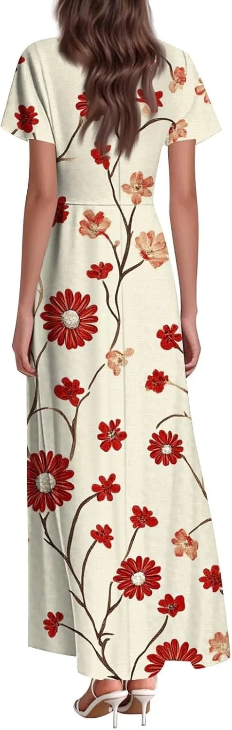 Floral Maxi Dresses for Women 2025 Summer Casual Ruffle Sleeve V Neck Chiffon Dress Flowy Swing Boho Beach Sundresses