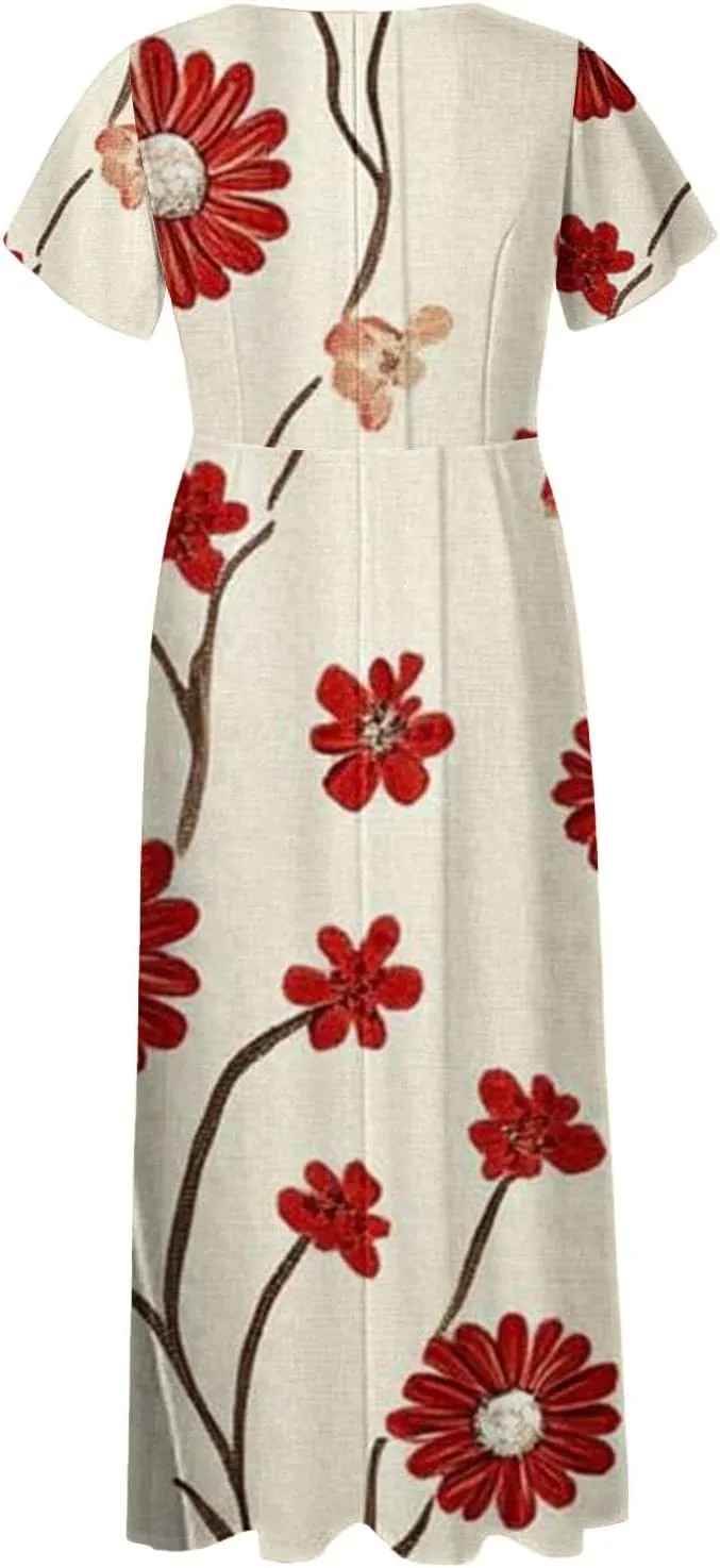 Floral Maxi Dresses for Women 2025 Summer Casual Ruffle Sleeve V Neck Chiffon Dress Flowy Swing Boho Beach Sundresses