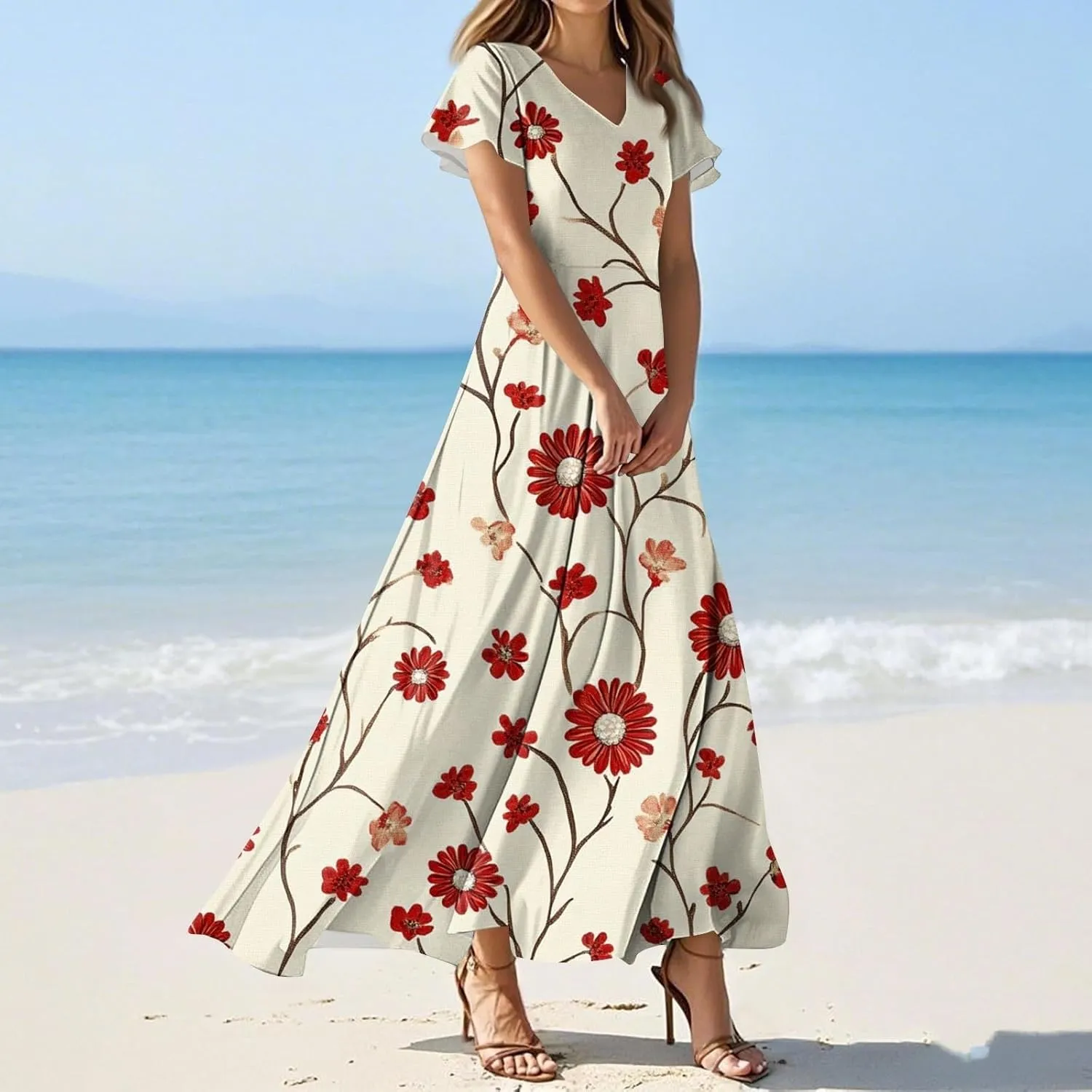 Floral Maxi Dresses for Women 2025 Summer Casual Ruffle Sleeve V Neck Chiffon Dress Flowy Swing Boho Beach Sundresses