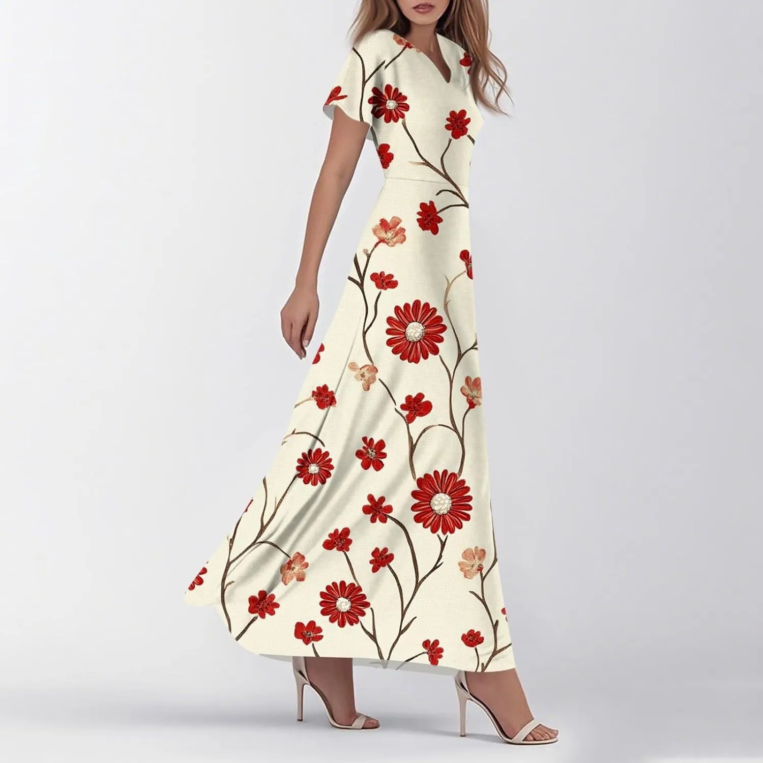 Floral Maxi Dresses for Women 2025 Summer Casual Ruffle Sleeve V Neck Chiffon Dress Flowy Swing Boho Beach Sundresses