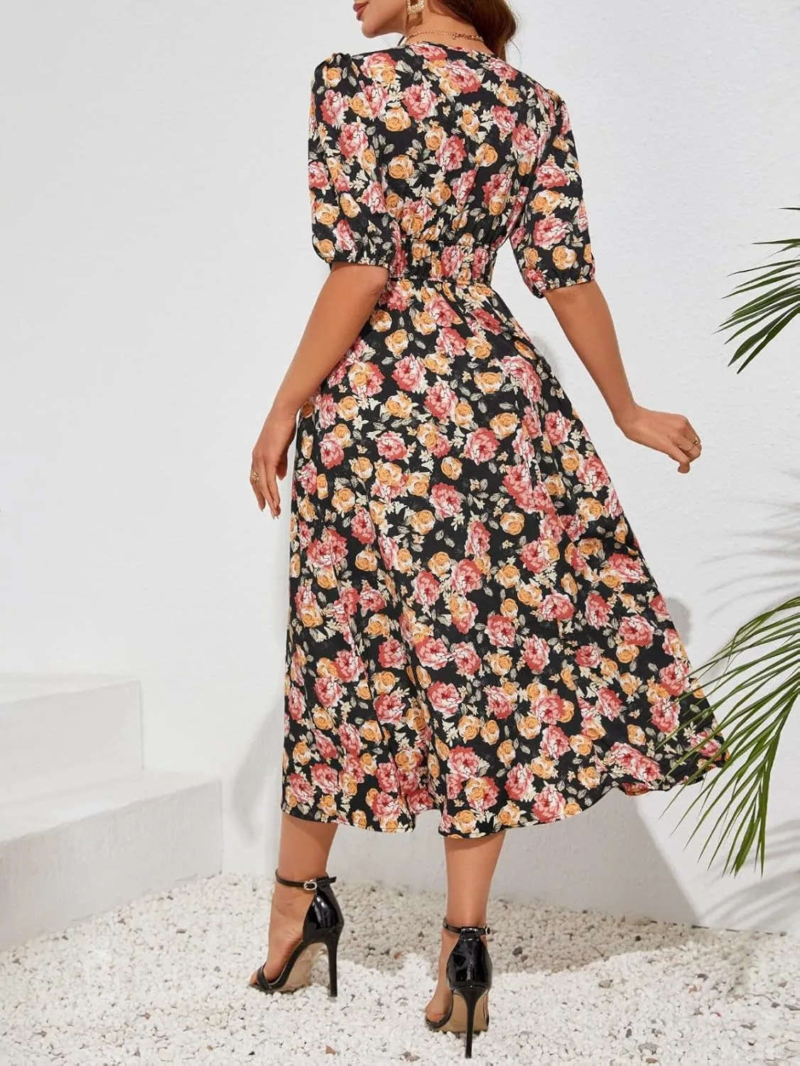 Floral Maxi Dresses for Women Summer V-Neck Short Sleeve Loose Fit Pretty Sundresses Simple Holiday Maxi Dress