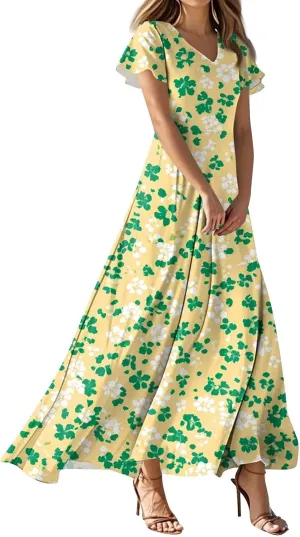 Floral Maxi Dresses for Women V Neck Spring Loose Dressy Sundresses Short Sleeve Elegant Vacation Long Dress