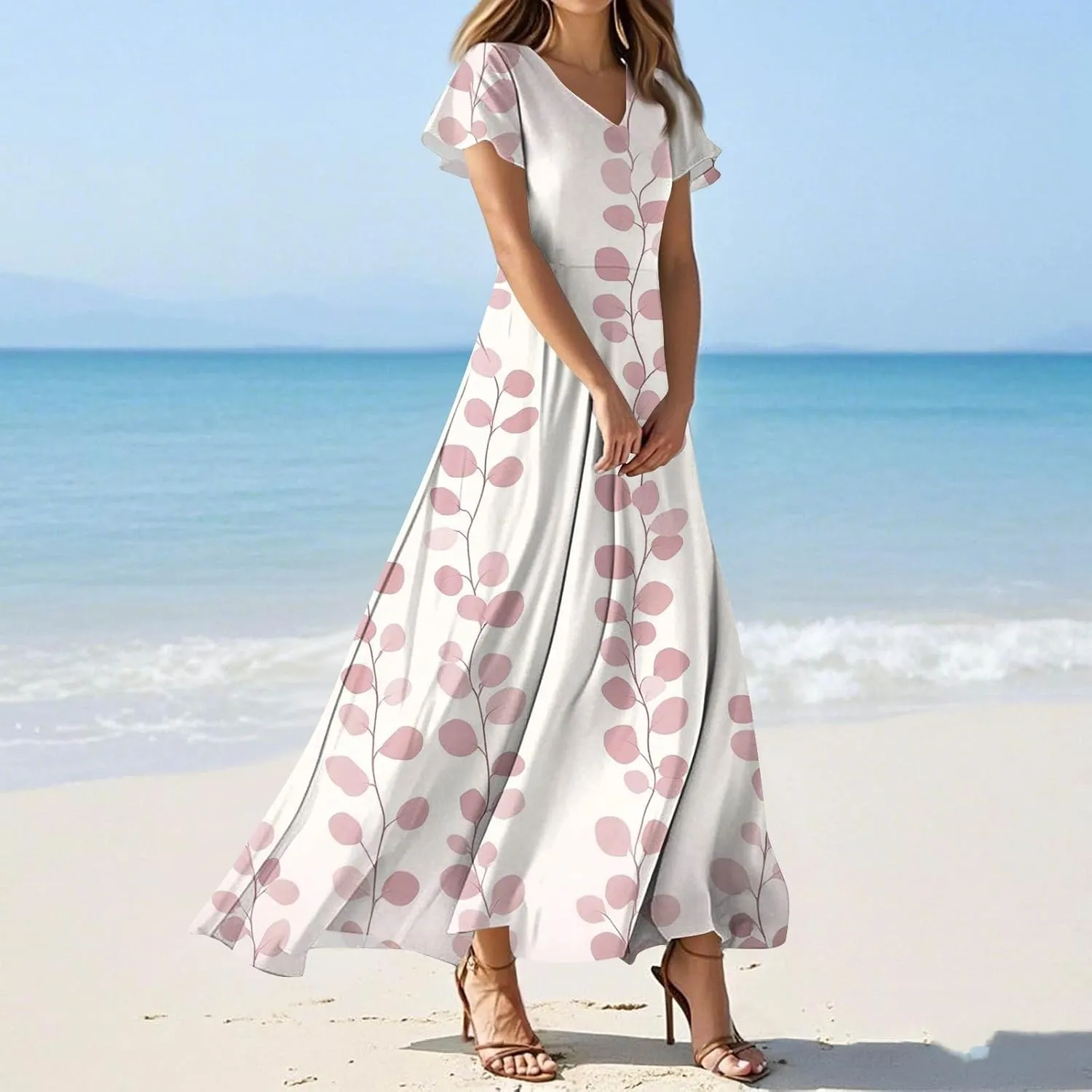 Floral Maxi Dresses for Women V Neck Spring Loose Dressy Sundresses Short Sleeve Elegant Vacation Long Dress