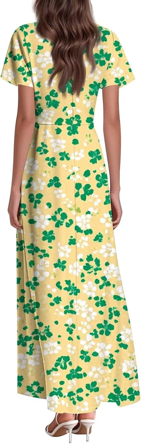 Floral Maxi Dresses for Women V Neck Spring Loose Dressy Sundresses Short Sleeve Elegant Vacation Long Dress