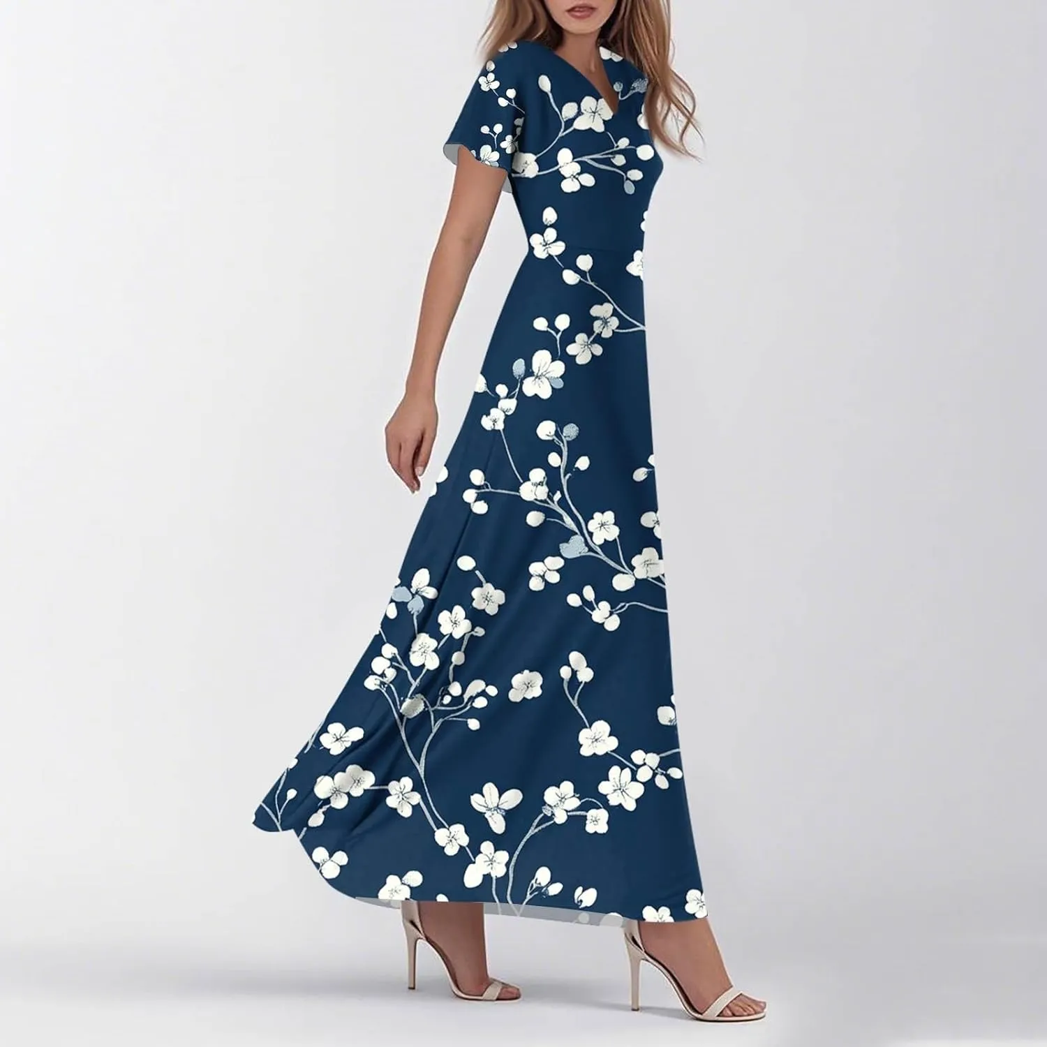 Floral Maxi Dresses for Women V Neck Spring Loose Dressy Sundresses Short Sleeve Elegant Vacation Long Dress