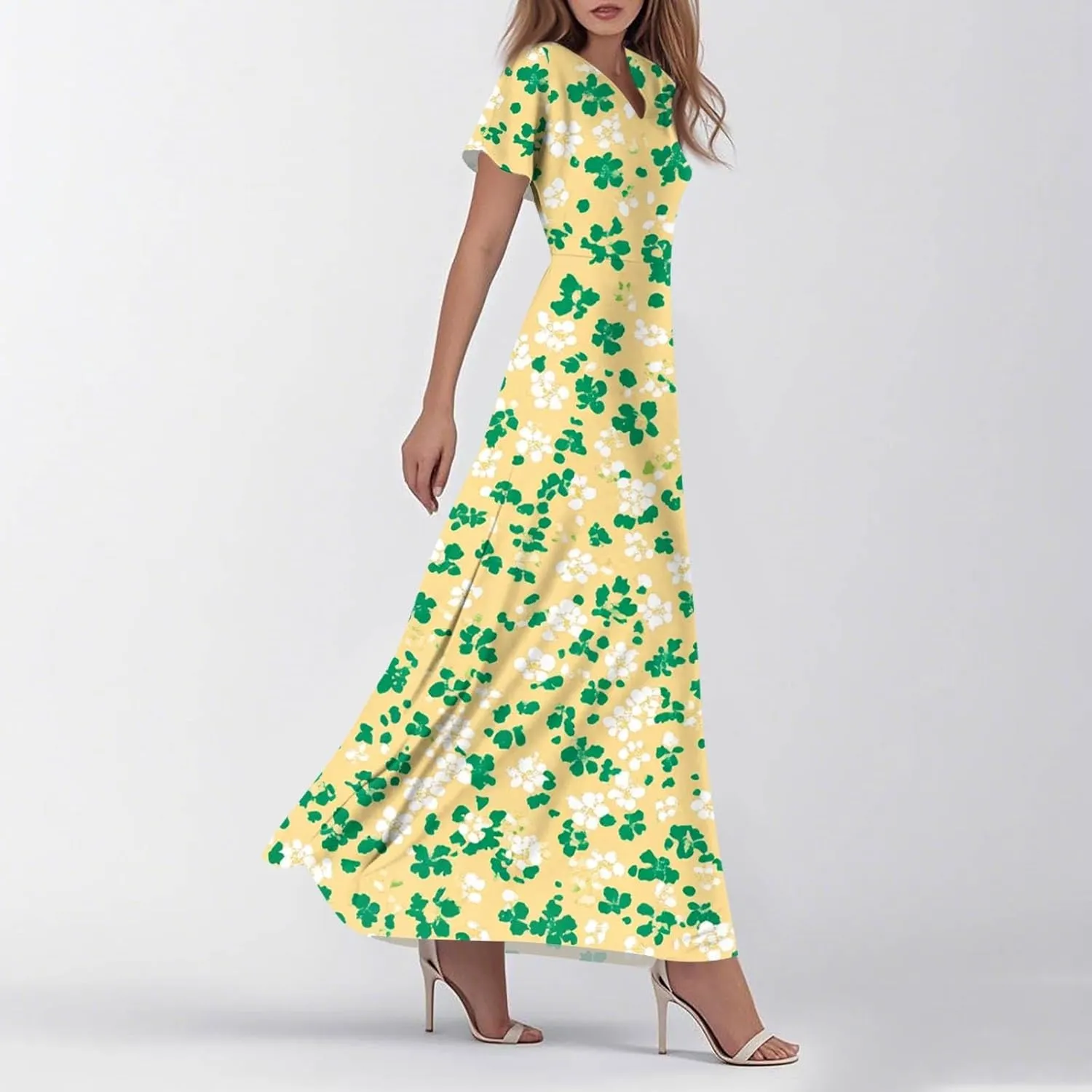 Floral Maxi Dresses for Women V Neck Spring Loose Dressy Sundresses Short Sleeve Elegant Vacation Long Dress