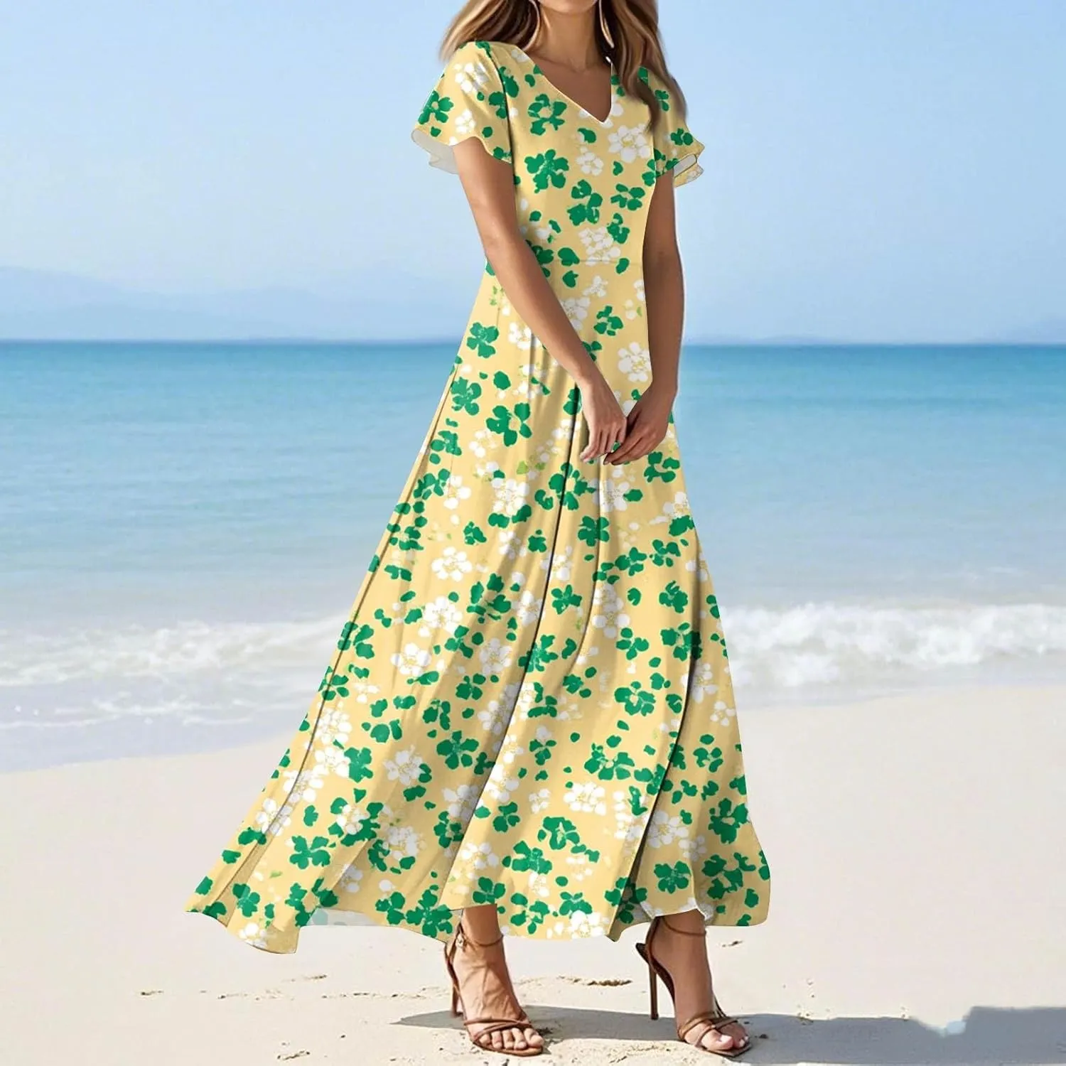 Floral Maxi Dresses for Women V Neck Spring Loose Dressy Sundresses Short Sleeve Elegant Vacation Long Dress