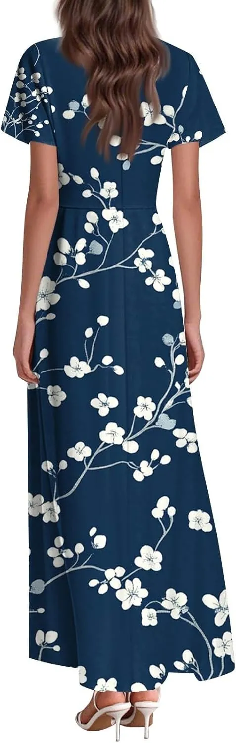 Floral Maxi Dresses for Women V Neck Spring Loose Dressy Sundresses Short Sleeve Elegant Vacation Long Dress