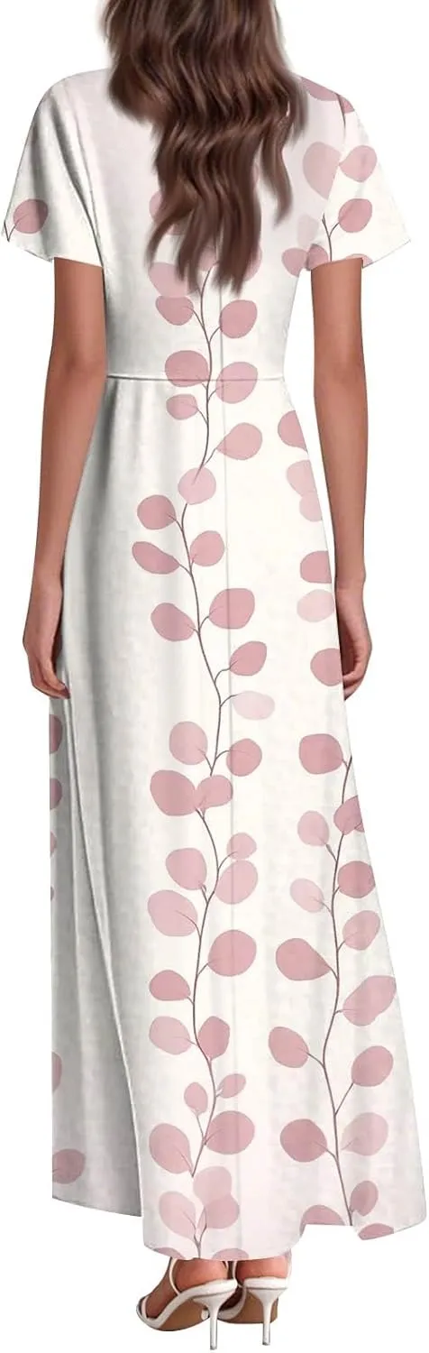 Floral Maxi Dresses for Women V Neck Spring Loose Dressy Sundresses Short Sleeve Elegant Vacation Long Dress