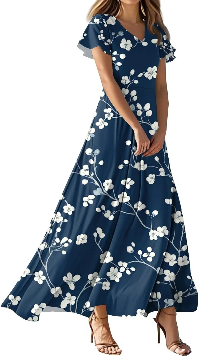 Floral Maxi Dresses for Women V Neck Spring Loose Dressy Sundresses Short Sleeve Elegant Vacation Long Dress
