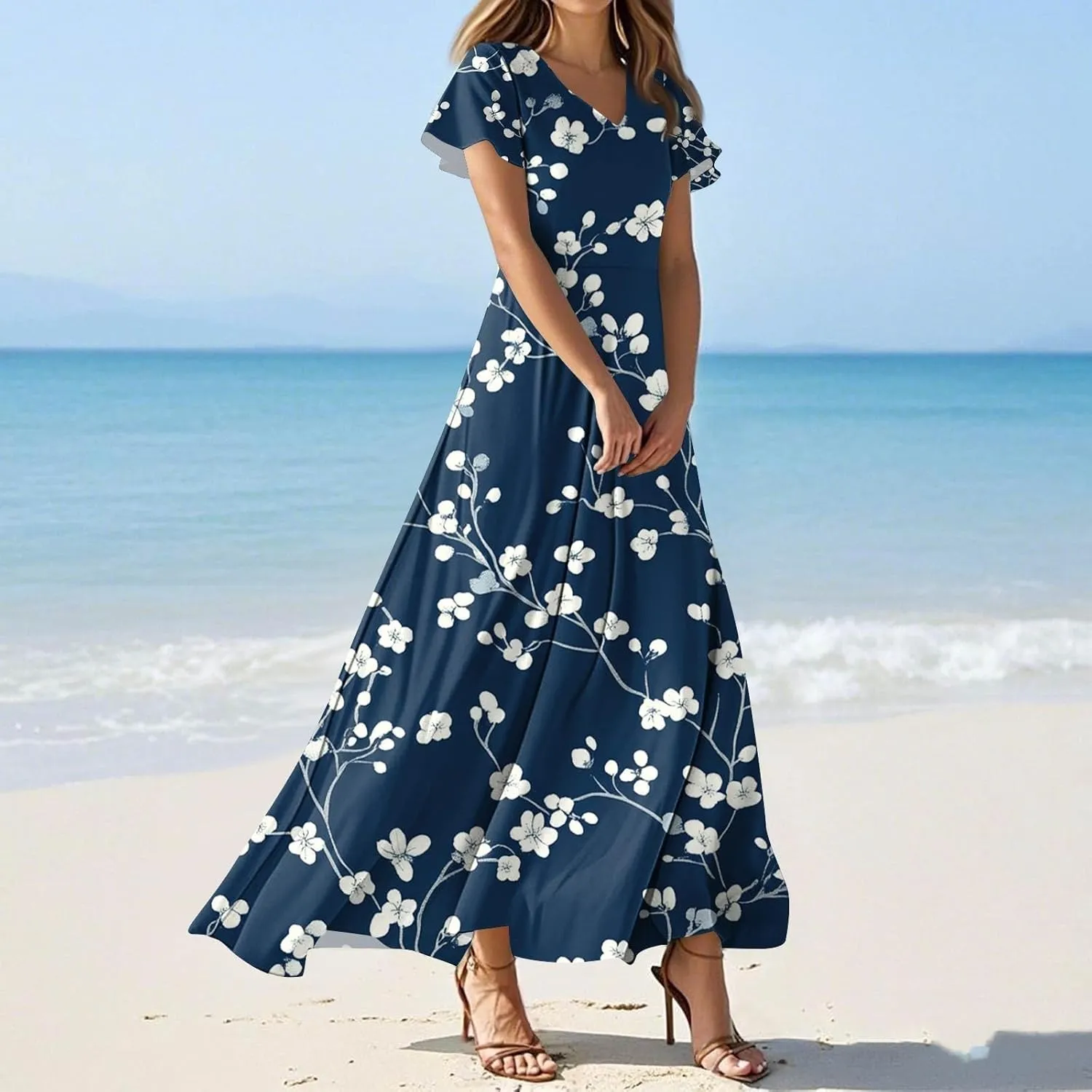 Floral Maxi Dresses for Women V Neck Spring Loose Dressy Sundresses Short Sleeve Elegant Vacation Long Dress