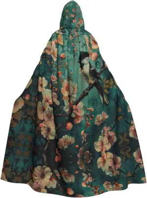 Flower and Bird Art Print Hooded Cloak Halloween Costume Adult Size with Dramatic Cloak for Cosplays,Witch Capes Black
