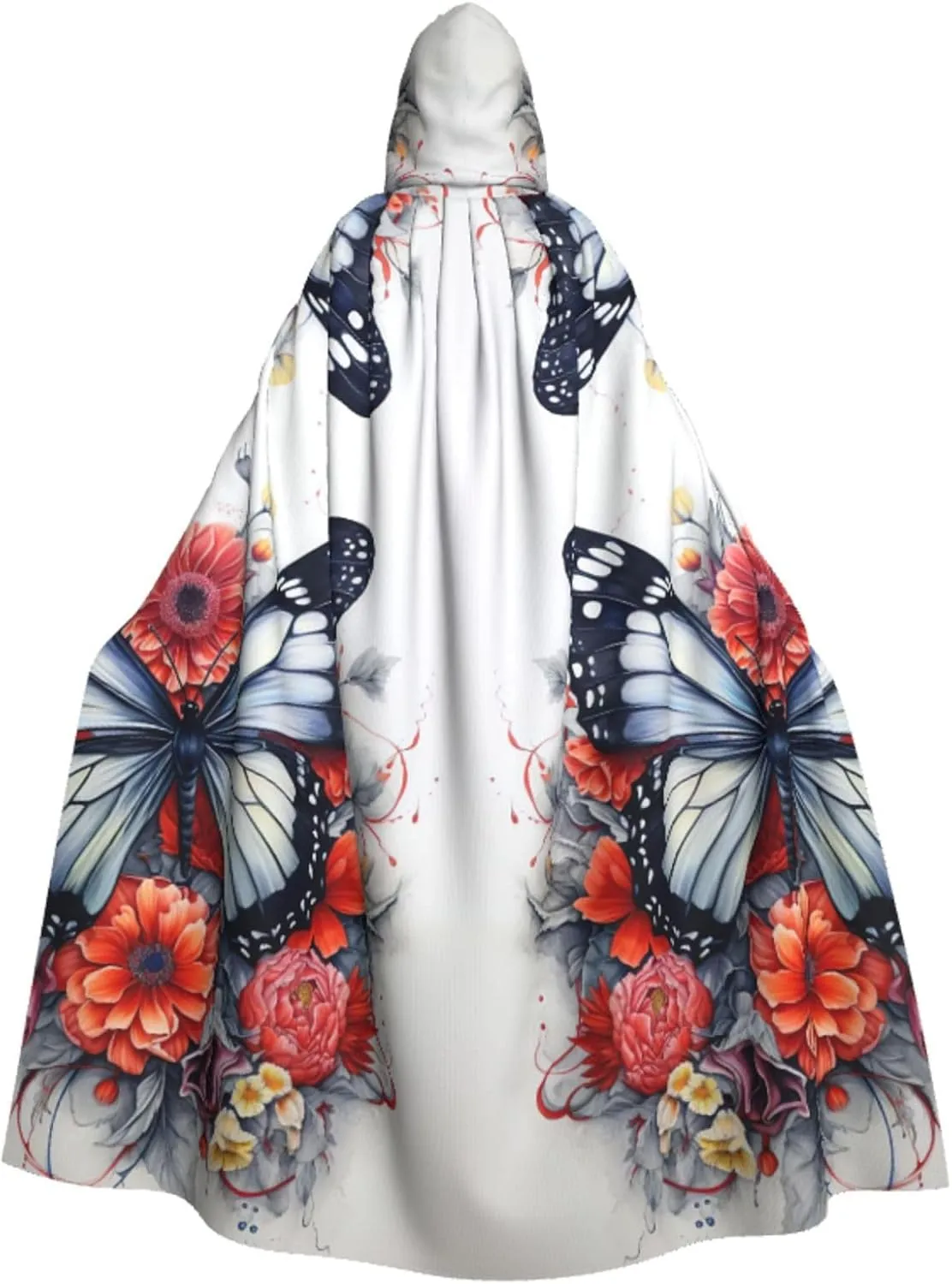 Flower and Butterfly Print Hooded Cloak Halloween Costume Adult Size with Dramatic Cloak for Cosplays,Witch Capes Black