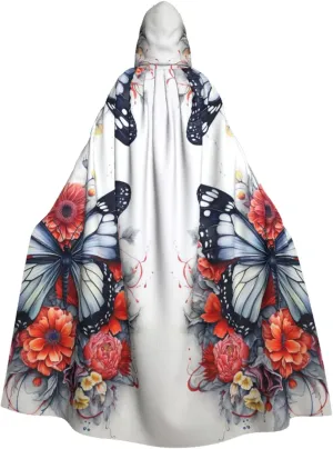 Flower and Butterfly Print Hooded Cloak Halloween Costume Adult Size with Dramatic Cloak for Cosplays,Witch Capes Black