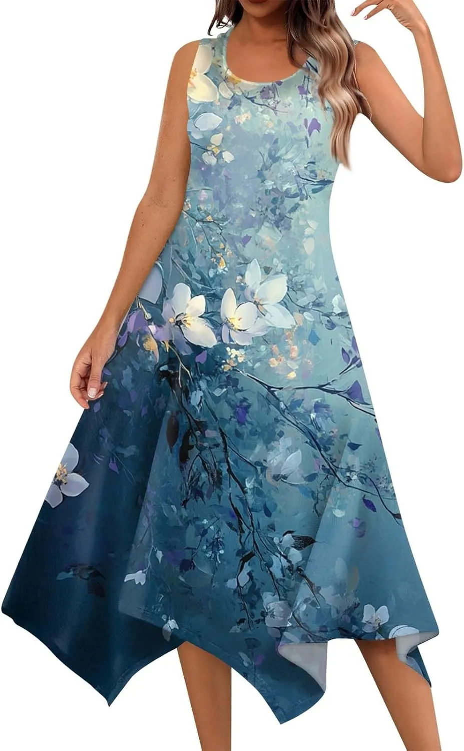 Flowy Dresses for Women Floral Summer U Neck Sleeveless Midi Dress Irregular Hem Boho Hawaiian Vacation Sundress