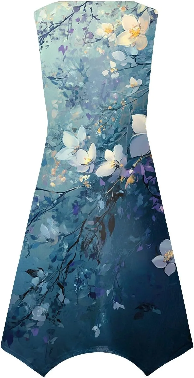 Flowy Dresses for Women Floral Summer U Neck Sleeveless Midi Dress Irregular Hem Boho Hawaiian Vacation Sundress