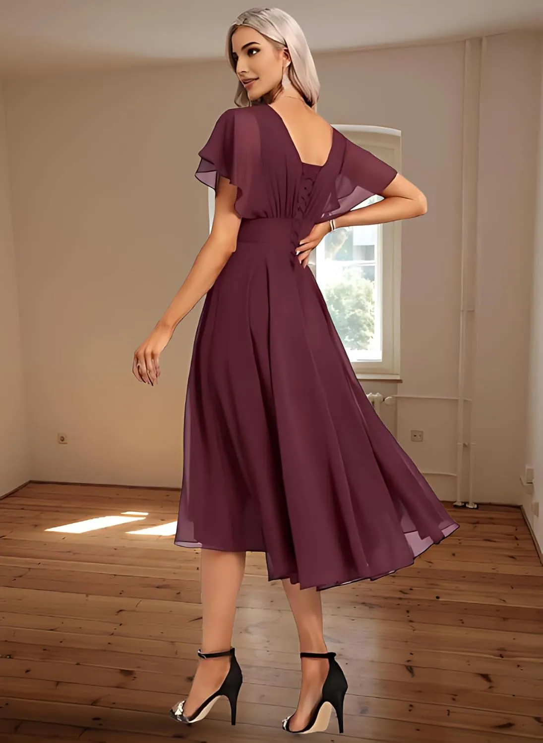 Flutter Sleeves Petite Bridesmaid Dresses for Women Chiffon Crew Neck Ruffle Wedding Guest Formal Evening Gowns