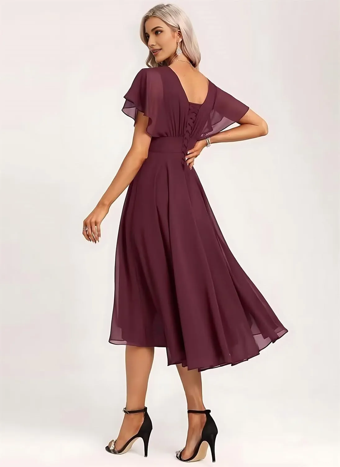 Flutter Sleeves Petite Bridesmaid Dresses for Women Chiffon Crew Neck Ruffle Wedding Guest Formal Evening Gowns