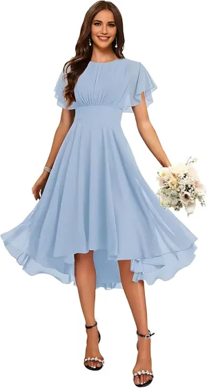 Flutter Sleeves Petite Bridesmaid Dresses for Women Chiffon Crew Neck Ruffle Wedding Guest Formal Evening Gowns