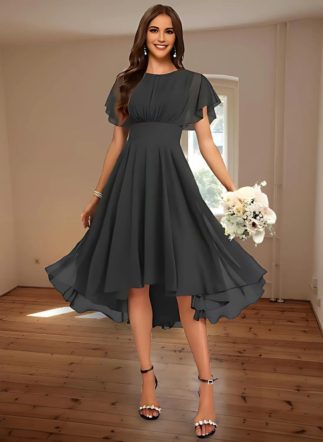 Flutter Sleeves Petite Bridesmaid Dresses for Women Chiffon Crew Neck Ruffle Wedding Guest Formal Evening Gowns