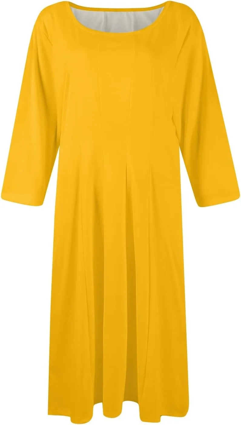 Formal Casual Dresses for Women 2025 Summer Spring 3/4 Sleeve Midi Casual Swing Pleated A Line Dress