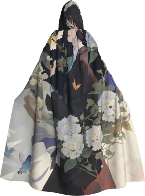 Gardenia Flowers Birds Print Hooded Cloak Halloween Costume Adult Size with Dramatic Cloak for Cosplays,Witch Capes Black