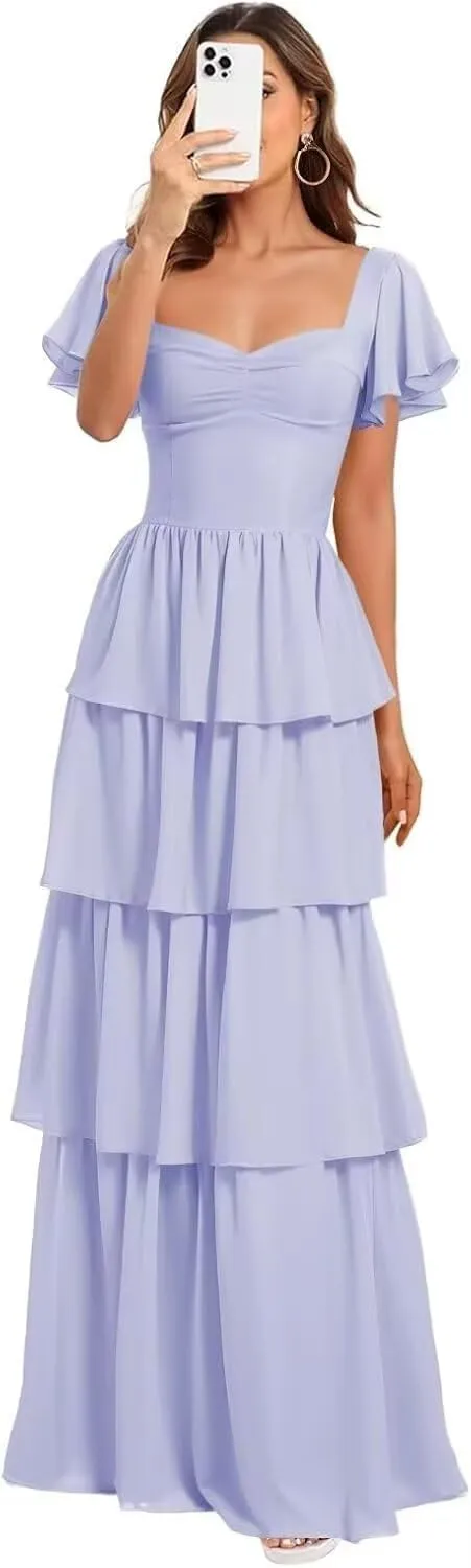GATMAHE Short Sleeves Tiered Chiffon Bridesmaid Dresses for Women Ruffle Chiffon A Line Formal Evening Dress