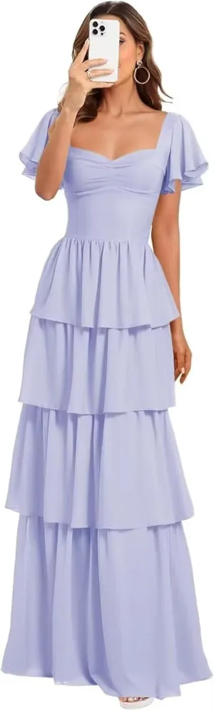 GATMAHE Short Sleeves Tiered Chiffon Bridesmaid Dresses for Women Ruffle Chiffon A Line Formal Evening Dress