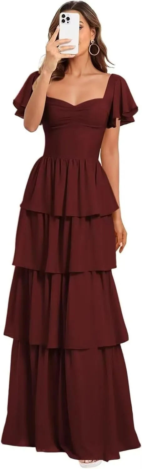 GATMAHE Short Sleeves Tiered Chiffon Bridesmaid Dresses for Women Ruffle Chiffon A Line Formal Evening Dress