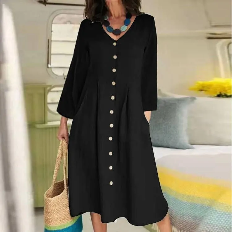 Geleglaer Women Casual V Neck Button Down Dress Cotton Linen Short Sleeve Knee Midi Length Loose Summer Dress Plus Size S-5XL