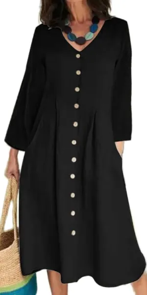 Geleglaer Women Casual V Neck Button Down Dress Cotton Linen Short Sleeve Knee Midi Length Loose Summer Dress Plus Size S-5XL