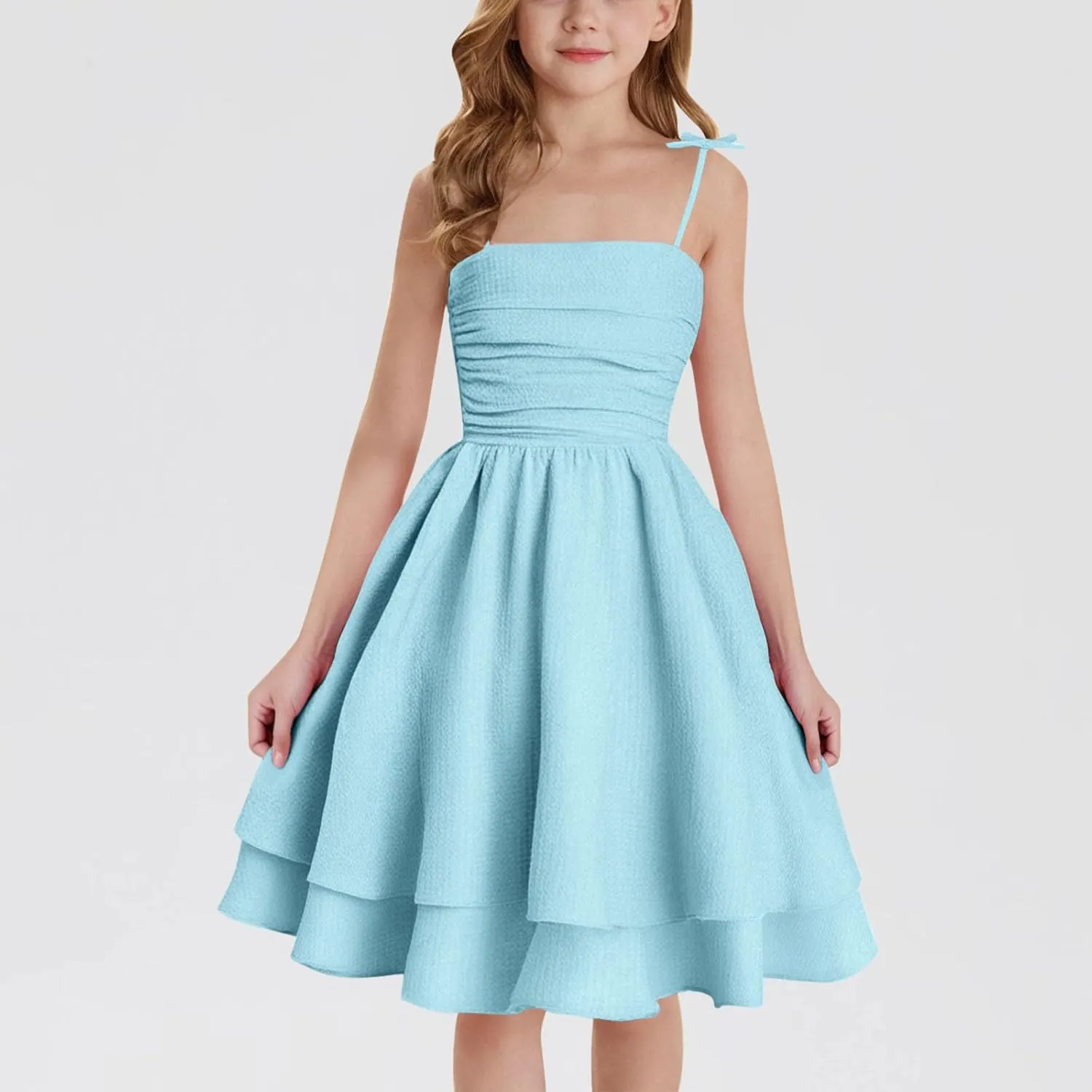 Girl's Sleeveless Dress Smocked Ruched Dresses A Line Swing Layered Dress Formal Cami Dresses Party Prom Gowns