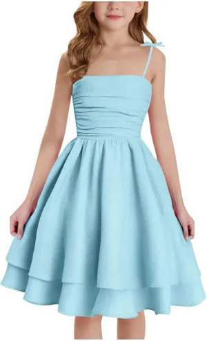 Girl's Sleeveless Dress Smocked Ruched Dresses A Line Swing Layered Dress Formal Cami Dresses Party Prom Gowns