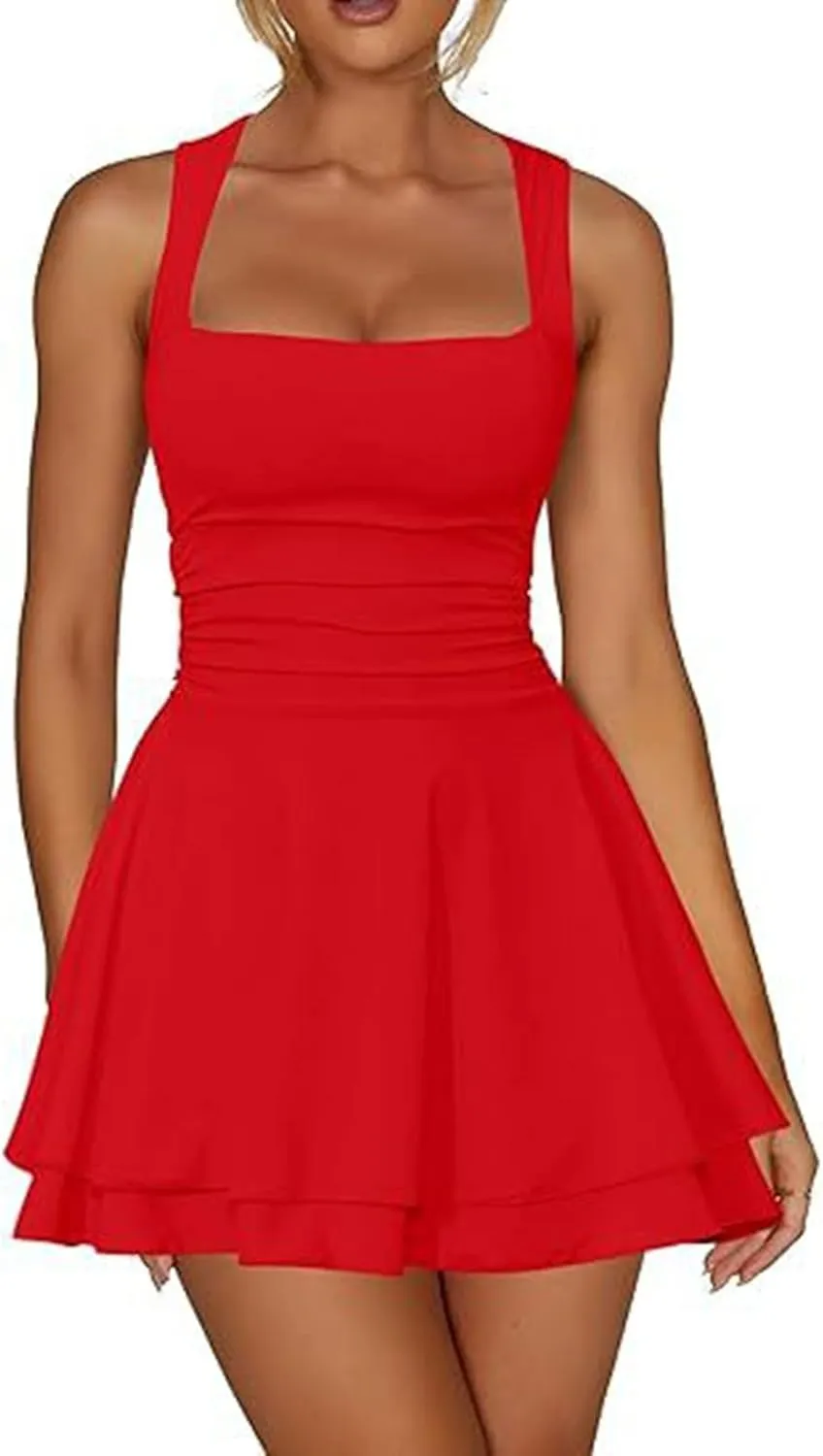 Going Out Dresses for Women Square Neck Ruffle Hem Mini Dress Ruched Waist Short Party Dresses Beach Vacation Outfits