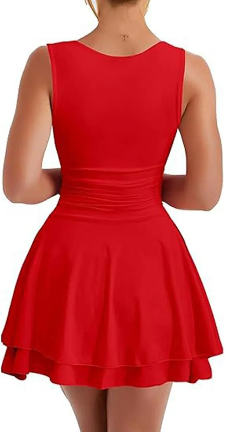 Going Out Dresses for Women Square Neck Ruffle Hem Mini Dress Ruched Waist Short Party Dresses Beach Vacation Outfits