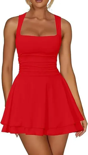 Going Out Dresses for Women Square Neck Ruffle Hem Mini Dress Ruched Waist Short Party Dresses Beach Vacation Outfits