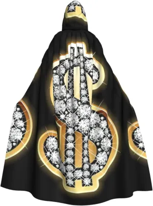 gold dollar sign Print Halloween Hooded Cloak Adults Stylish Cape for Carnivals Themed Parties Cosplays