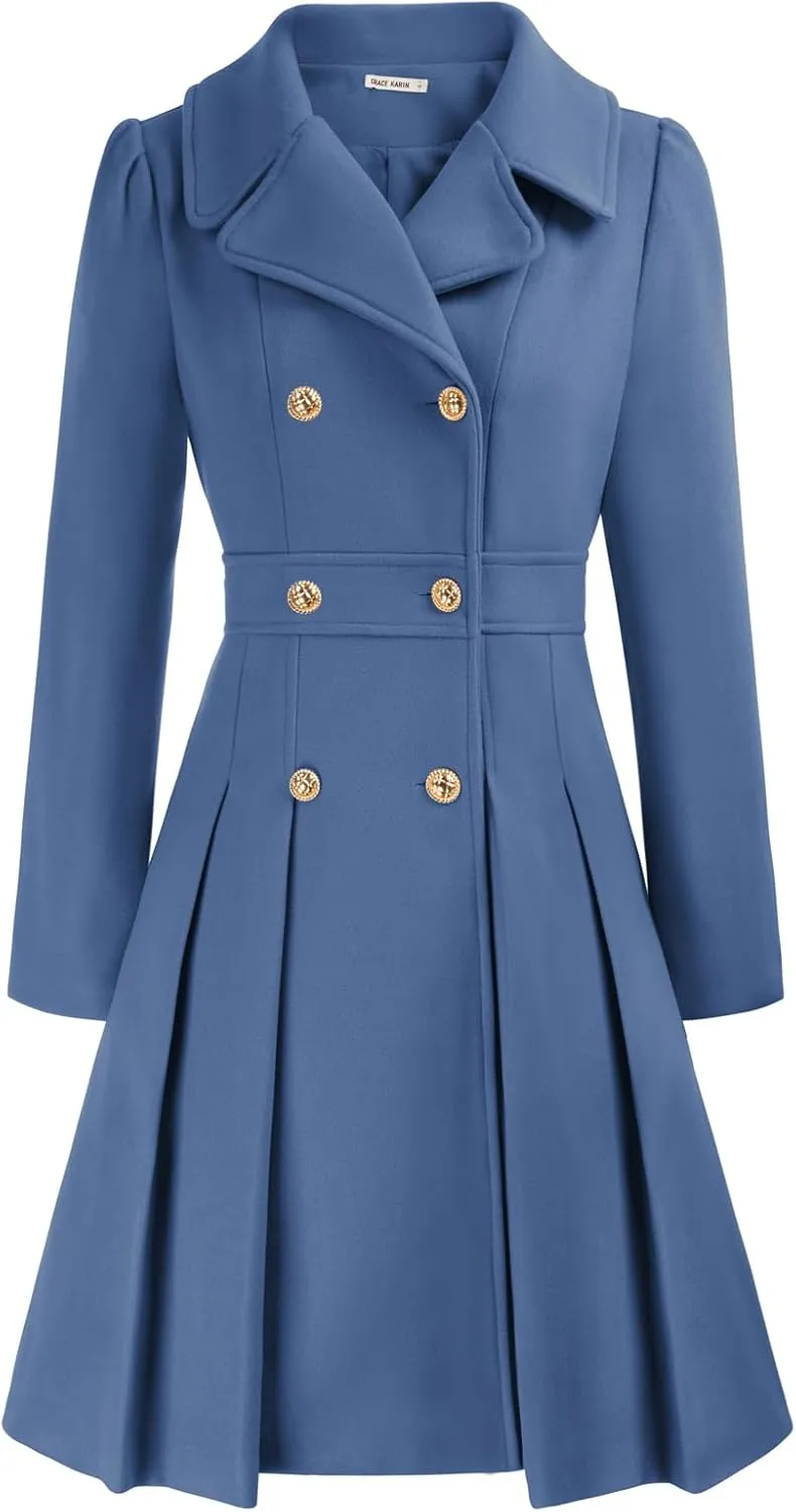 GRACE KARIN 2024 Women's Fashion Trench Coat Notch Lapel Double Breasted Thick A Line Pea Coats Jacket with Pockets(S-2XL)