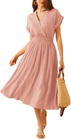 GRACE KARIN Casual Dresses for Women 2025 Summer Smocked High Waist Flowy Dress with Pockets