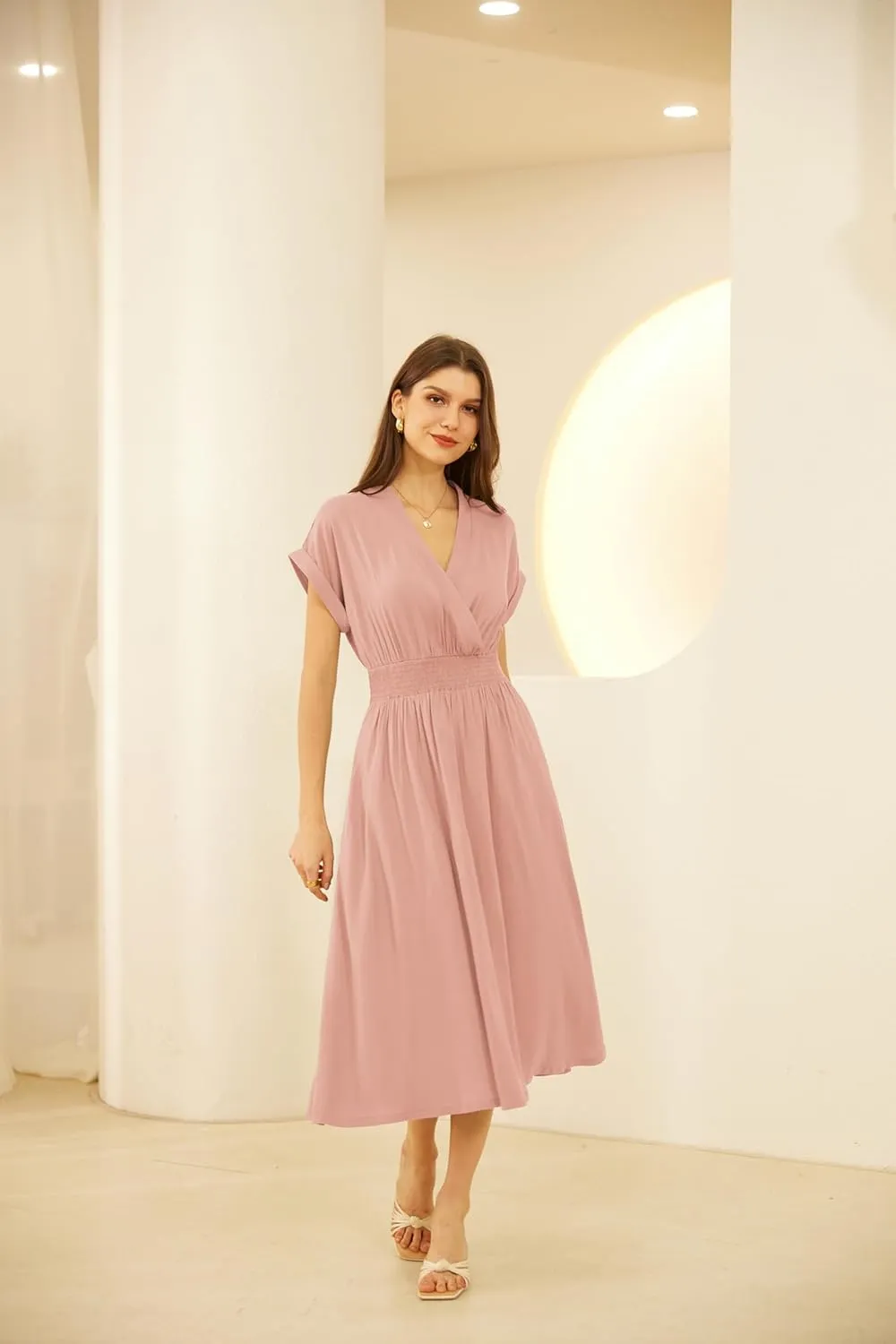 GRACE KARIN Casual Dresses for Women 2025 Summer Smocked High Waist Flowy Dress with Pockets