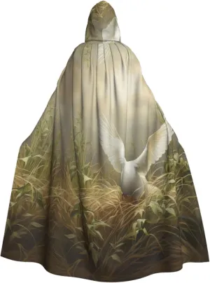 Grass and Dove Print Hooded Cloak Halloween Costume Adult Size with Dramatic Cloak for Cosplays,Witch Capes Black