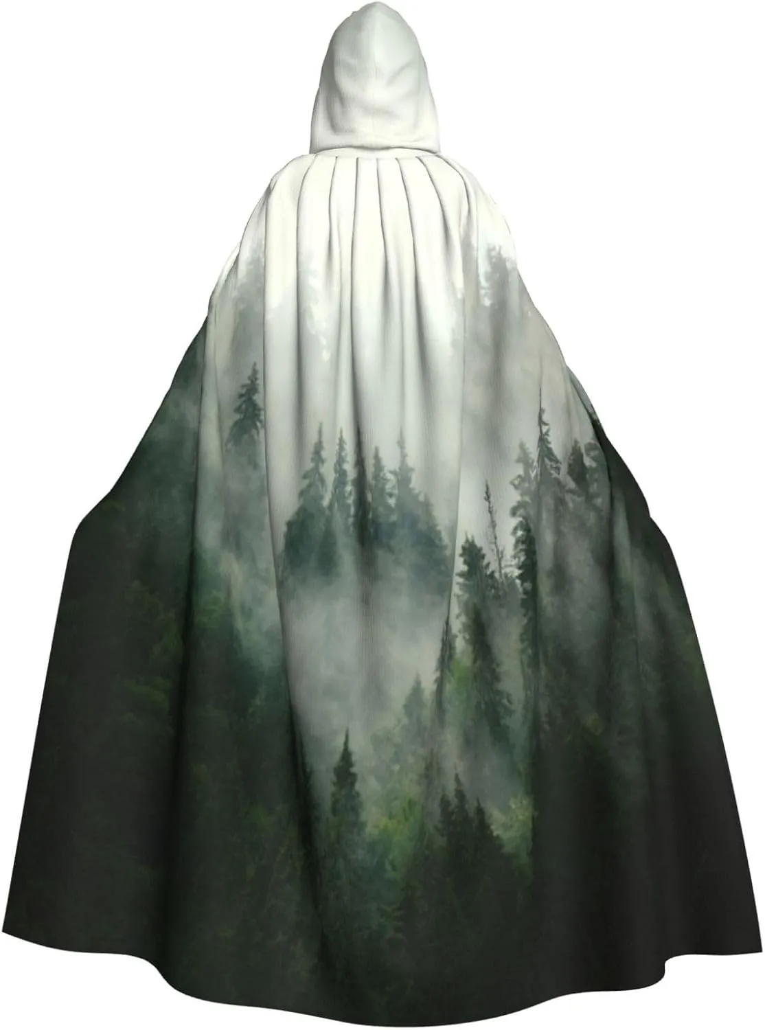 Green Tree Misty Landscape Print Halloween Hooded Cloak Adults Stylish Cape for Carnivals Themed Parties Cosplays