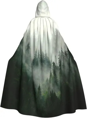 Green Tree Misty Landscape Print Halloween Hooded Cloak Adults Stylish Cape for Carnivals Themed Parties Cosplays