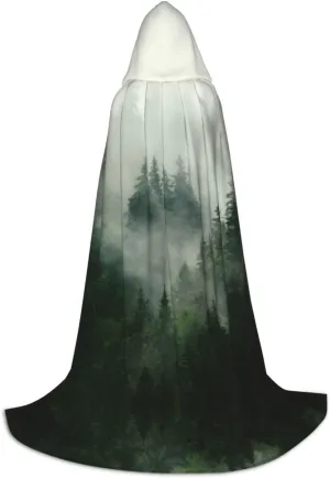 Green Tree Misty Landscape Print Hooded Cape Cosplay Cape Cloaks For Men & Women, Witch Gothic Cloak,Hooded Cloak