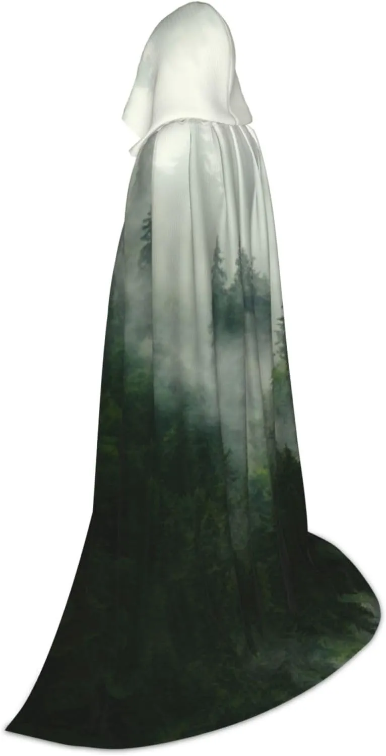 Green Tree Misty Landscape Print Hooded Cape Cosplay Cape Cloaks For Men & Women, Witch Gothic Cloak,Hooded Cloak
