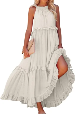 Halter Maxi Dresses for Women 2025 Summer Smocked Tiered Ruffle Dress Flowy Beach Wedding Guest Dress with Pockets