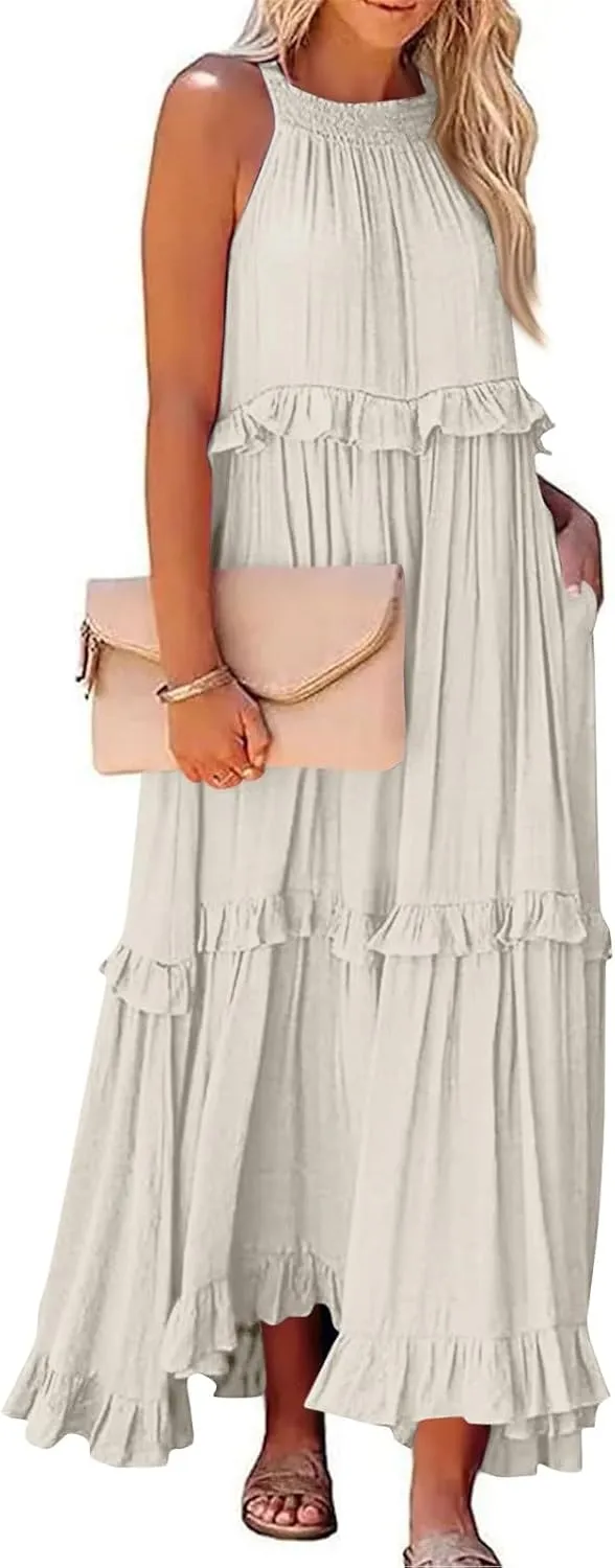Halter Maxi Dresses for Women 2025 Summer Smocked Tiered Ruffle Dress Flowy Beach Wedding Guest Dress with Pockets