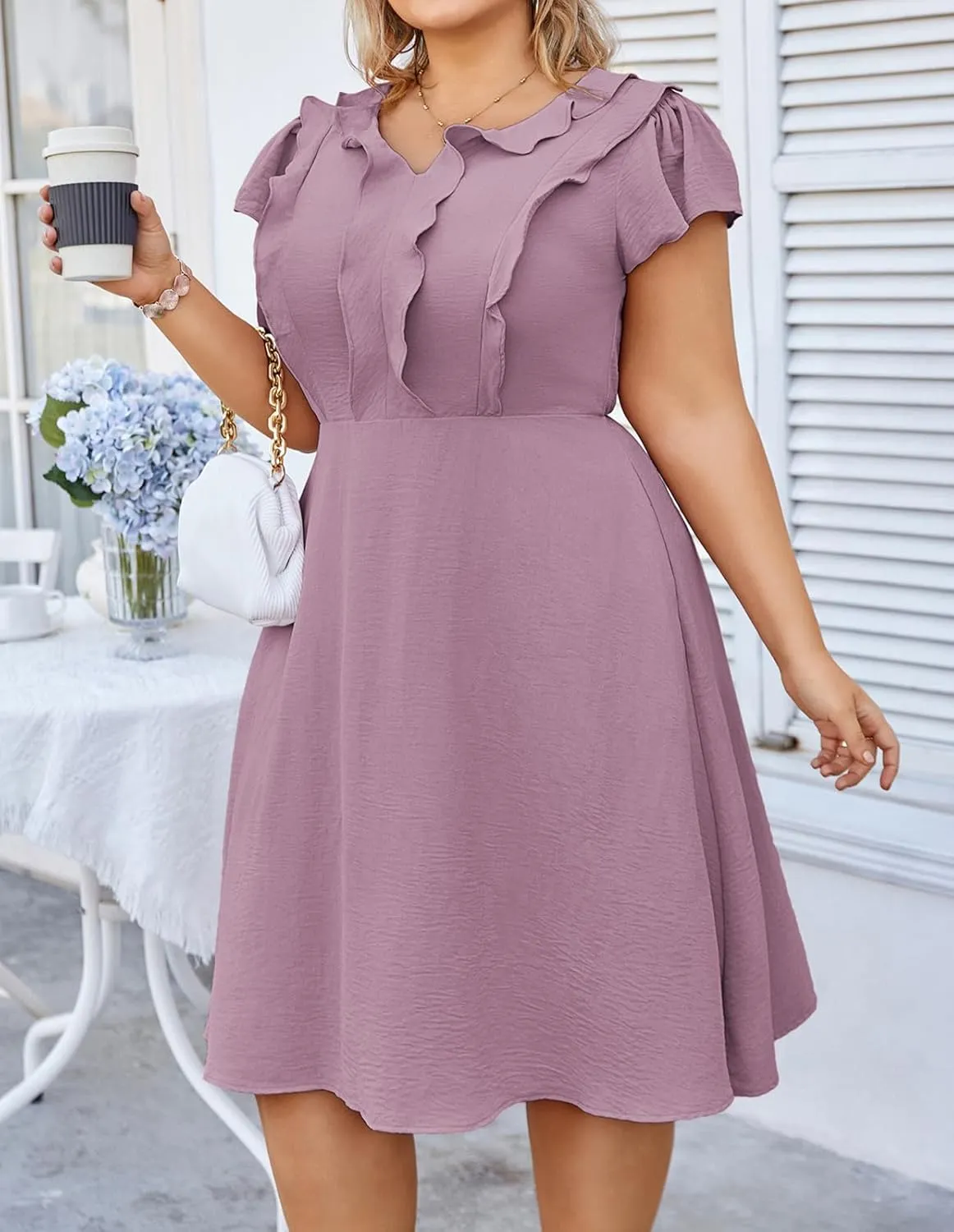 Hanna Nikole Women Plus Size Flounce Sleeve A-Line Casual Midi Dress with Pockets Elastic Empire Waist Flowy Dresses