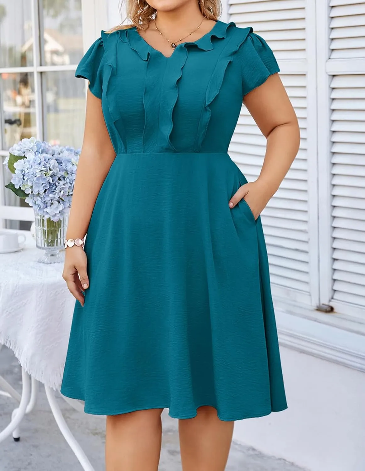 Hanna Nikole Women Plus Size Flounce Sleeve A-Line Casual Midi Dress with Pockets Elastic Empire Waist Flowy Dresses