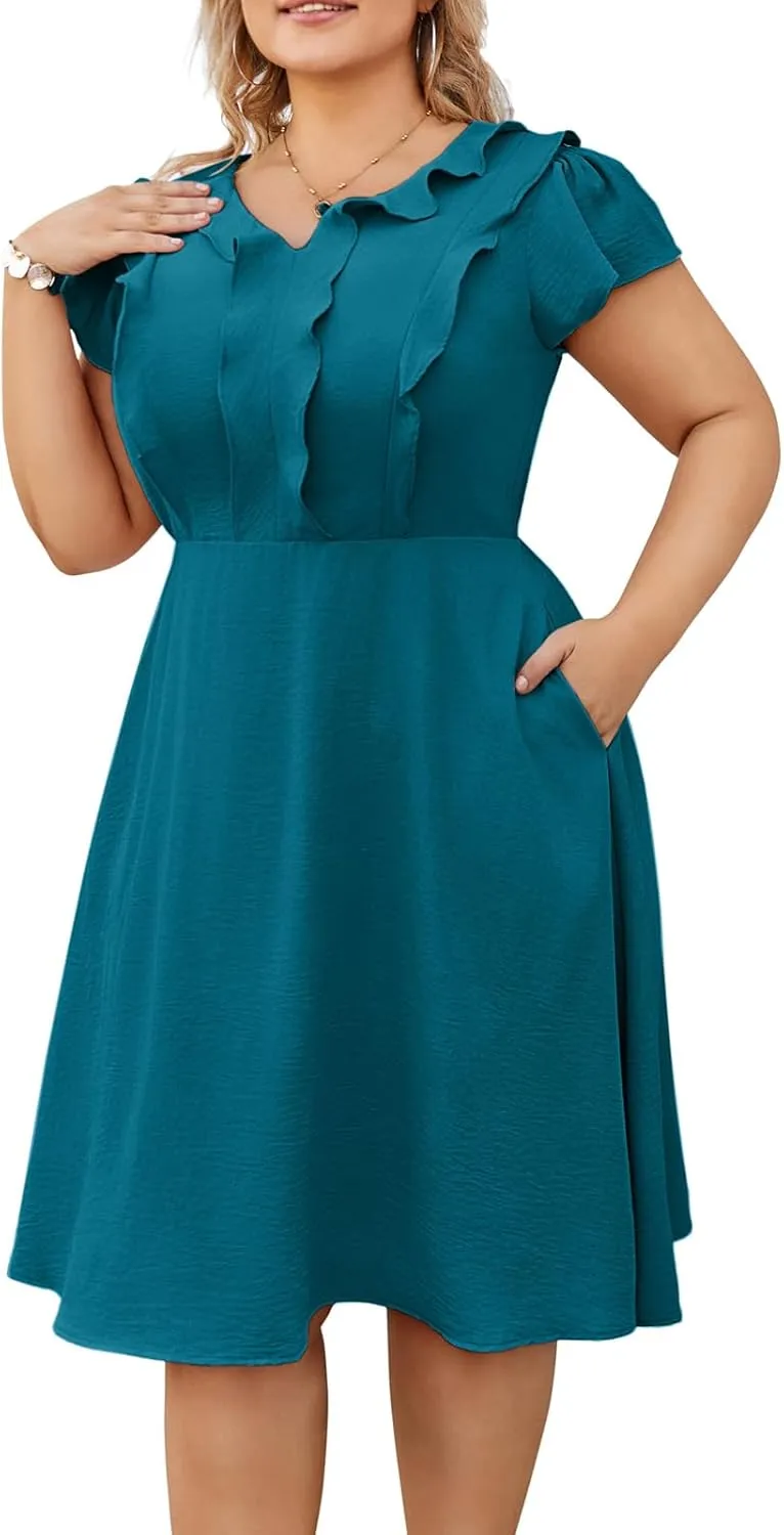 Hanna Nikole Women Plus Size Flounce Sleeve A-Line Casual Midi Dress with Pockets Elastic Empire Waist Flowy Dresses